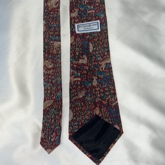 YSL tie wildlife deer rabbits field tye business red green blue tan orange